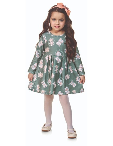 Vestido Manga Longa Verde Estampada Felpado