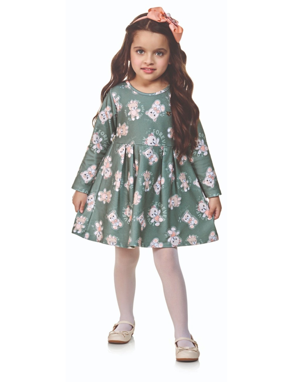 Vestido Manga Longa Verde Estampada Felpado