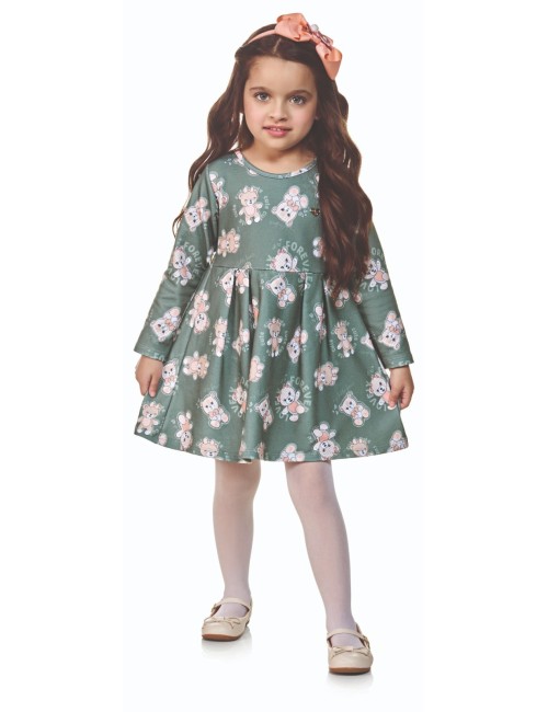 Vestido Manga Longa Verde Estampada Felpado