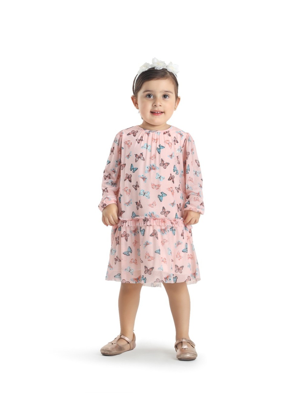 Vestido Infantil em Crepe Rosa Claro e Tule Branco Estampado