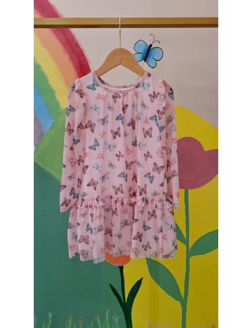 Vestido Infantil em Crepe Rosa Claro e Tule Branco Estampado