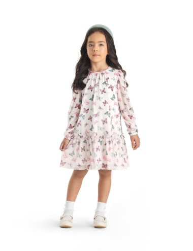 Vestido Infantil em Crepe Rosa Claro com Tule Branco Estampado de Flores