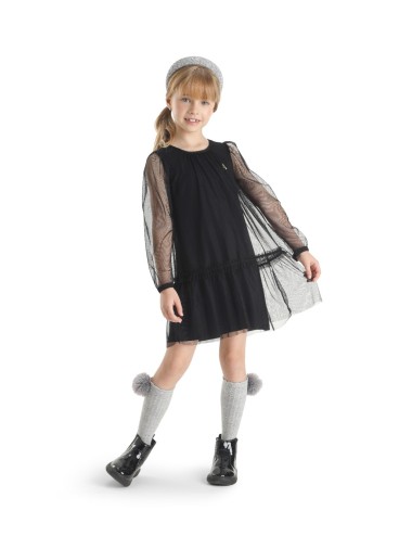 Vestido Infantil Preto com Mangas Transparentes e Detalhes Sofisticados