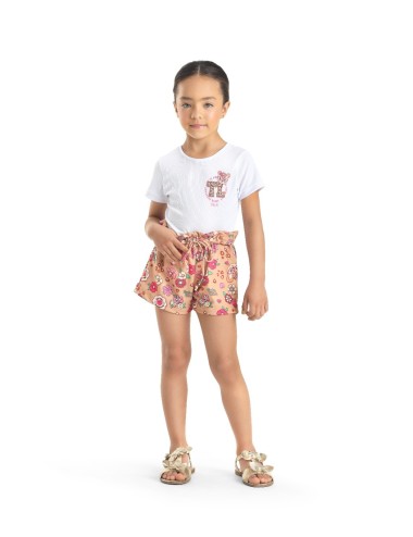 Conjunto Infantil com Blusa Canelada e Shorts em Molecotton Estampado