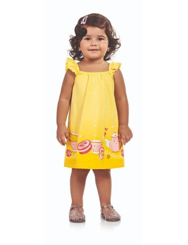 Vestido Infantil com Estampa de Doces e Alças com Babados