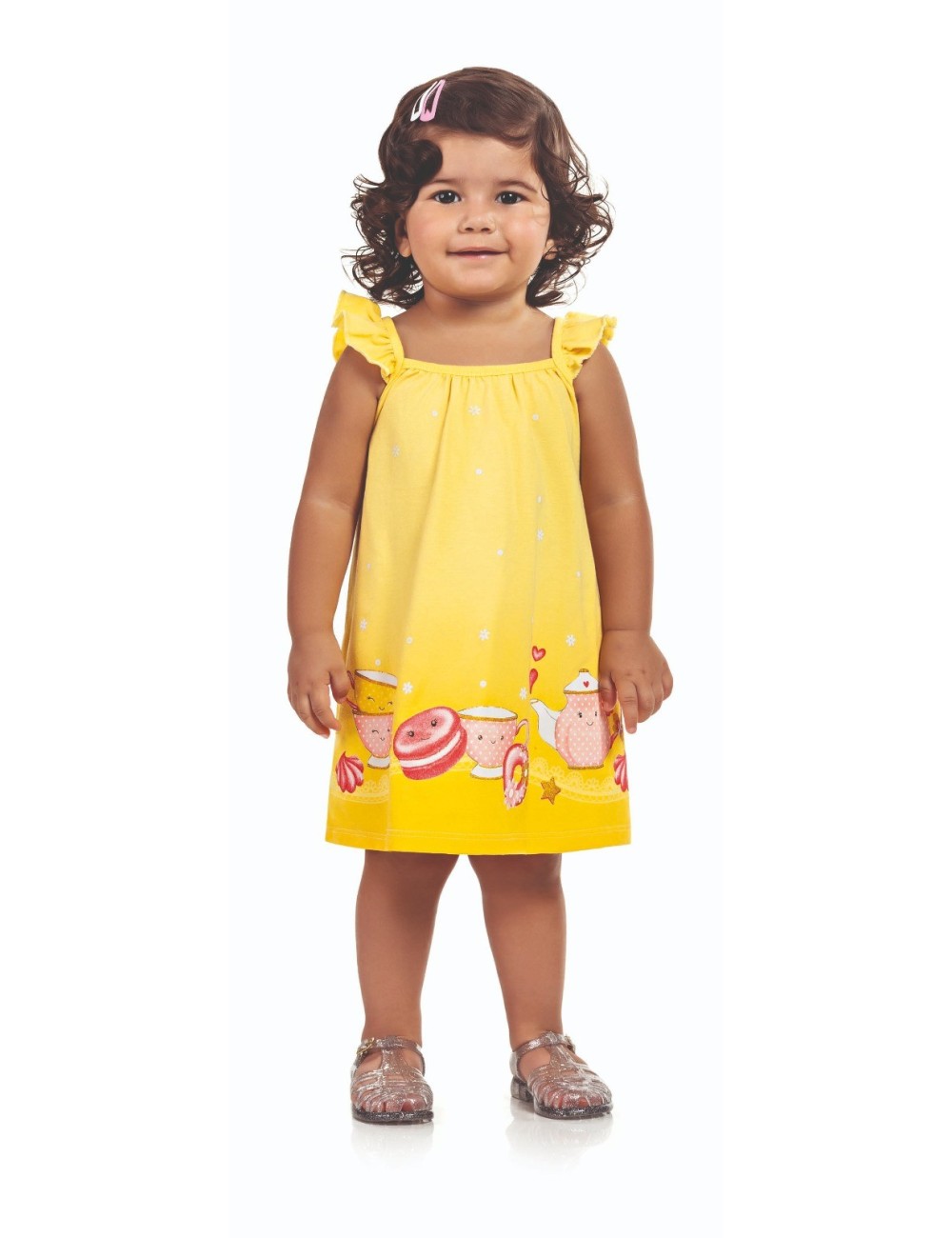 Vestido Infantil com Estampa de Doces e Alças com Babados