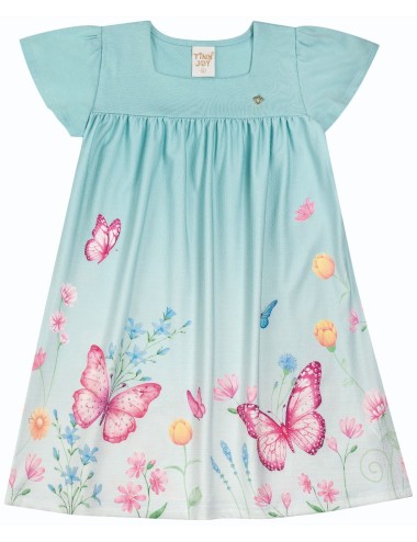 Vestido Infantil Azul Claro com Borboletas e Flores