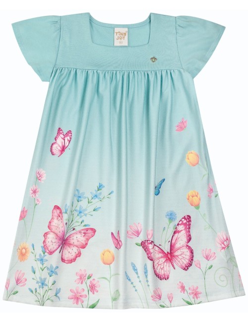 Vestido Infantil Azul Claro com Borboletas e Flores