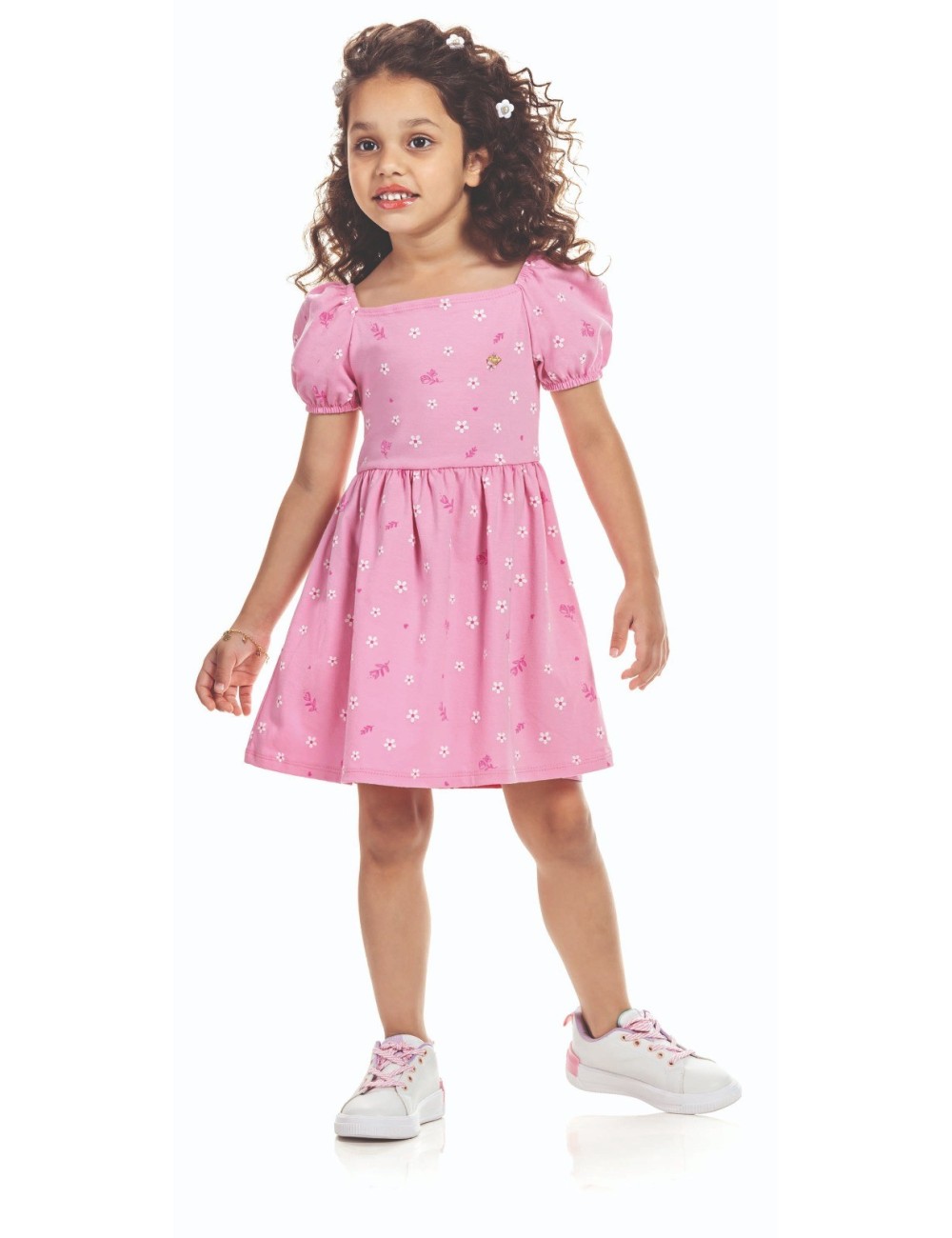 Vestido Infantil com Estampa Floral e Manga Bufante