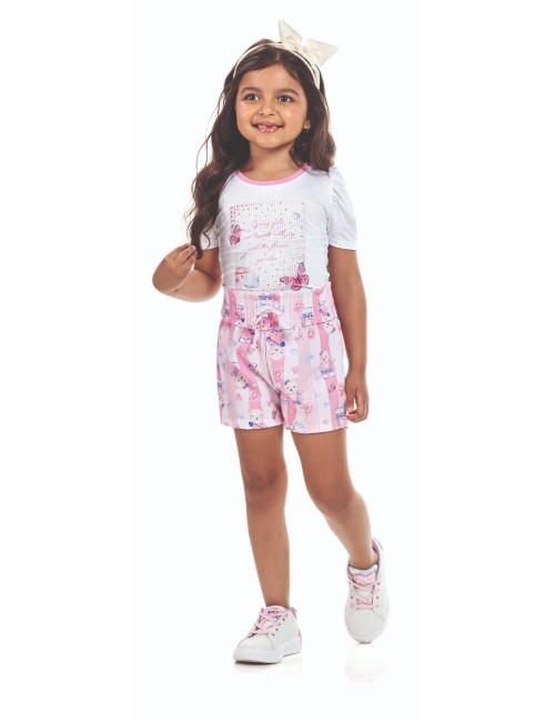 Conjunto Infantil Feminino de Verão com Blusa Estampada e Short Decorado