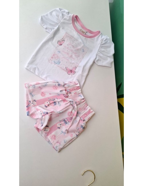 Conjunto Infantil Feminino de Verão com Blusa Estampada e Short Decorado