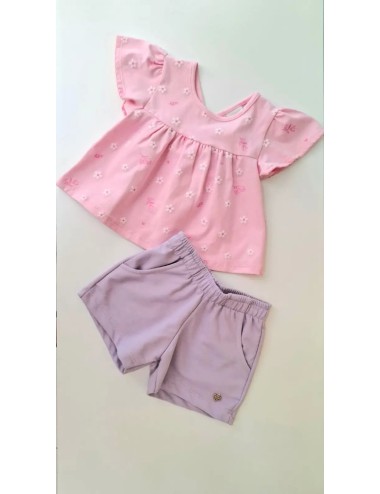Conjunto Infantil Feminino com Blusa Floral e Short Lilás