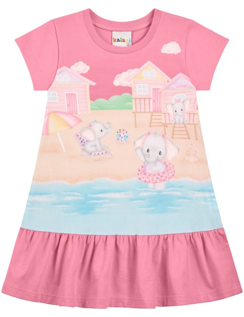 Vestido Infantil com Estampa de Praia e Babado