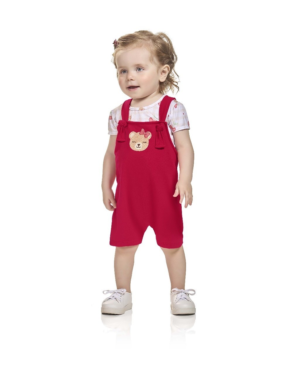 Macacão Infantil Vermelho com Ursinho e Camiseta Estampada
