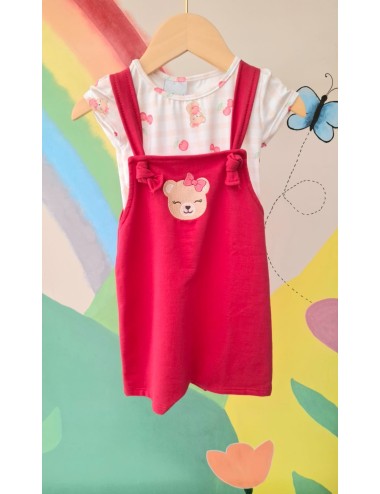 Macacão Infantil Vermelho com Ursinho e Camiseta Estampada