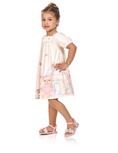 Vestido Infantil Rosa com Estampa de Cachorrinho e Boneca