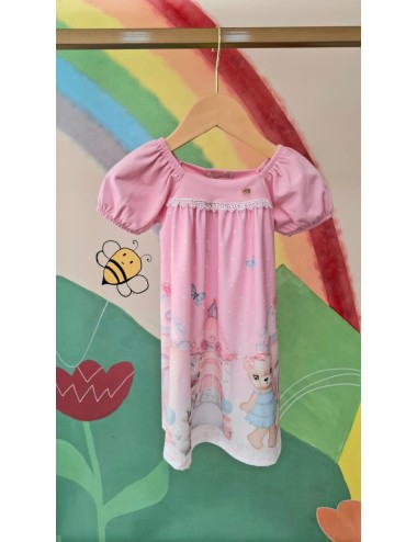 Vestido Infantil Rosa com Estampa de Cachorrinho e Boneca