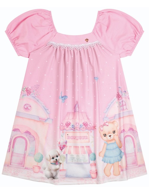 Vestido Infantil Rosa com Estampa de Cachorrinho e Boneca