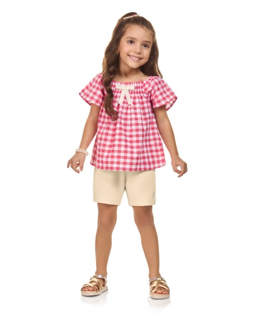 Conjunto Infantil Feminino Xadrez com Laço
