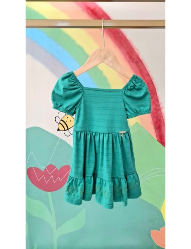 Vestido Infantil Verde com Bordados e Mangas Bufantes