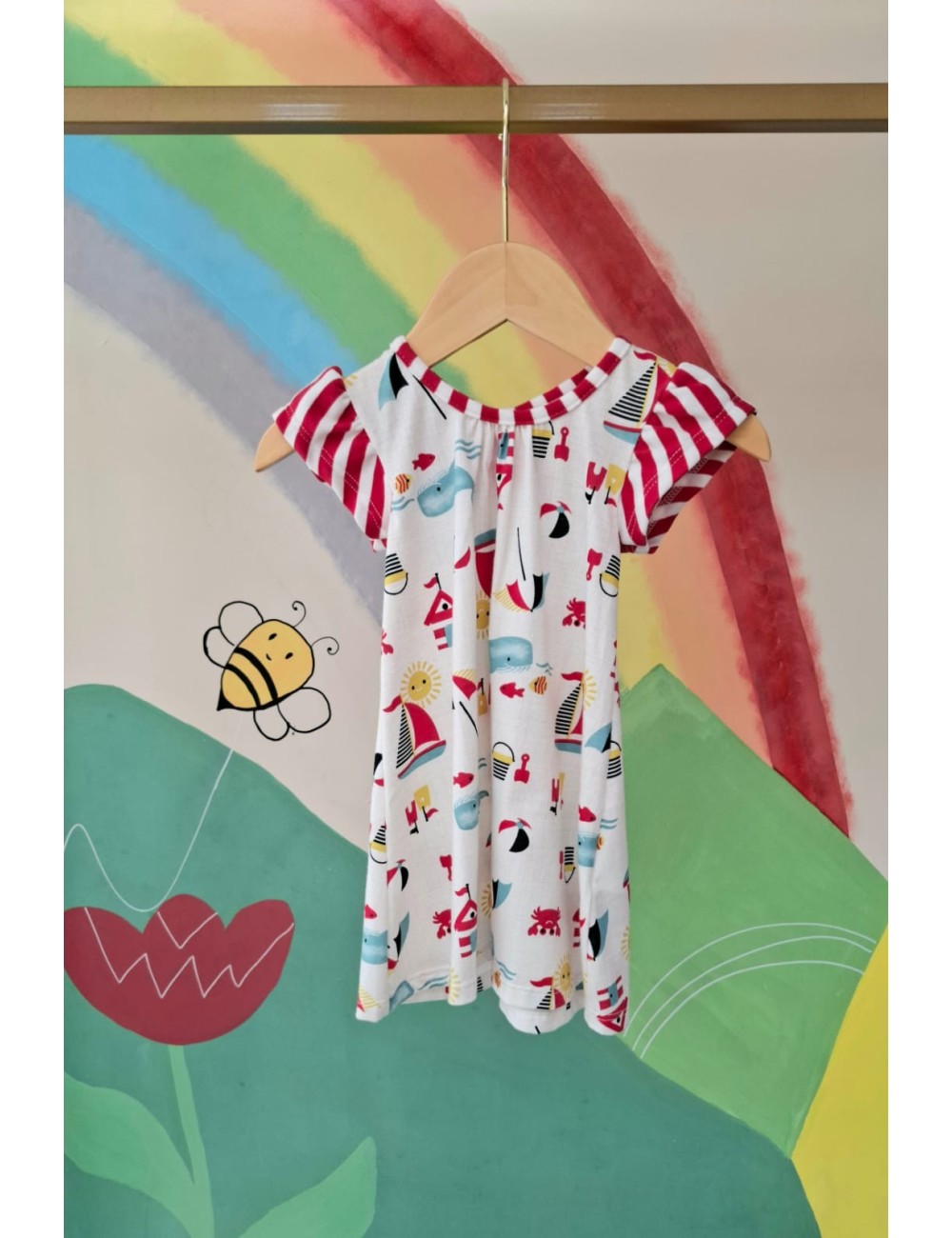 Vestido Infantil Estampado com Mangas Listradas