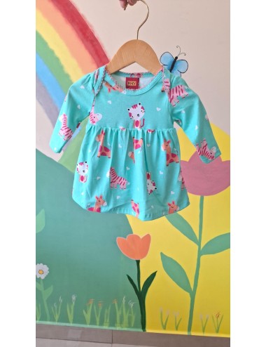 Vestido Infantil Verde com Estampa de Animais 🦓🦒🐶