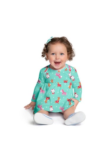 Vestido Infantil Verde com Estampa de Animais 🦓🦒🐶