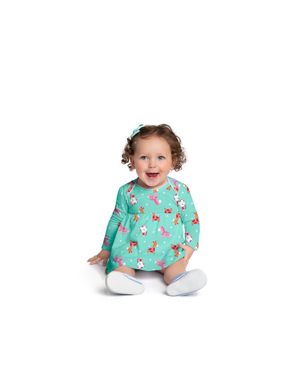 Vestido Infantil Verde com Estampa de Animais 🦓🦒🐶