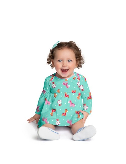 Vestido Infantil Verde com Estampa de Animais 🦓🦒🐶