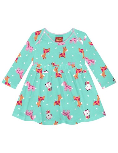 Vestido Infantil Verde com Estampa de Animais 🦓🦒🐶