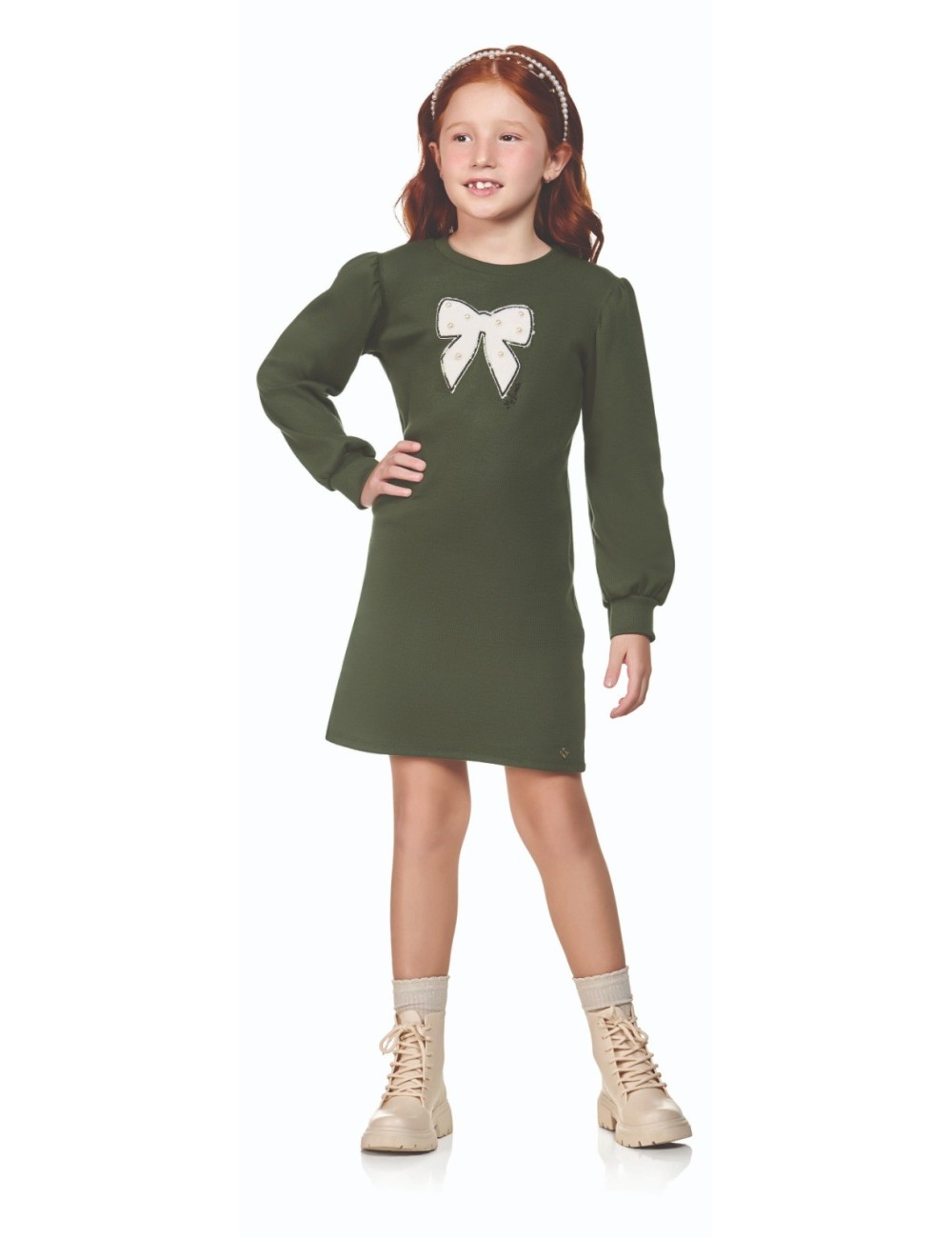Vestido Infantil Verde com Detalhe de Laço com Pérolas