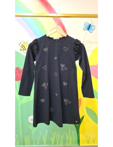 Vestido Infantil Preto com Corações em Strass - Manga Longa