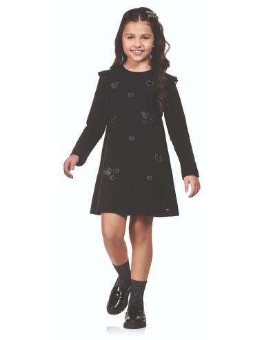 Vestido Infantil Preto com Corações em Strass - Manga Longa