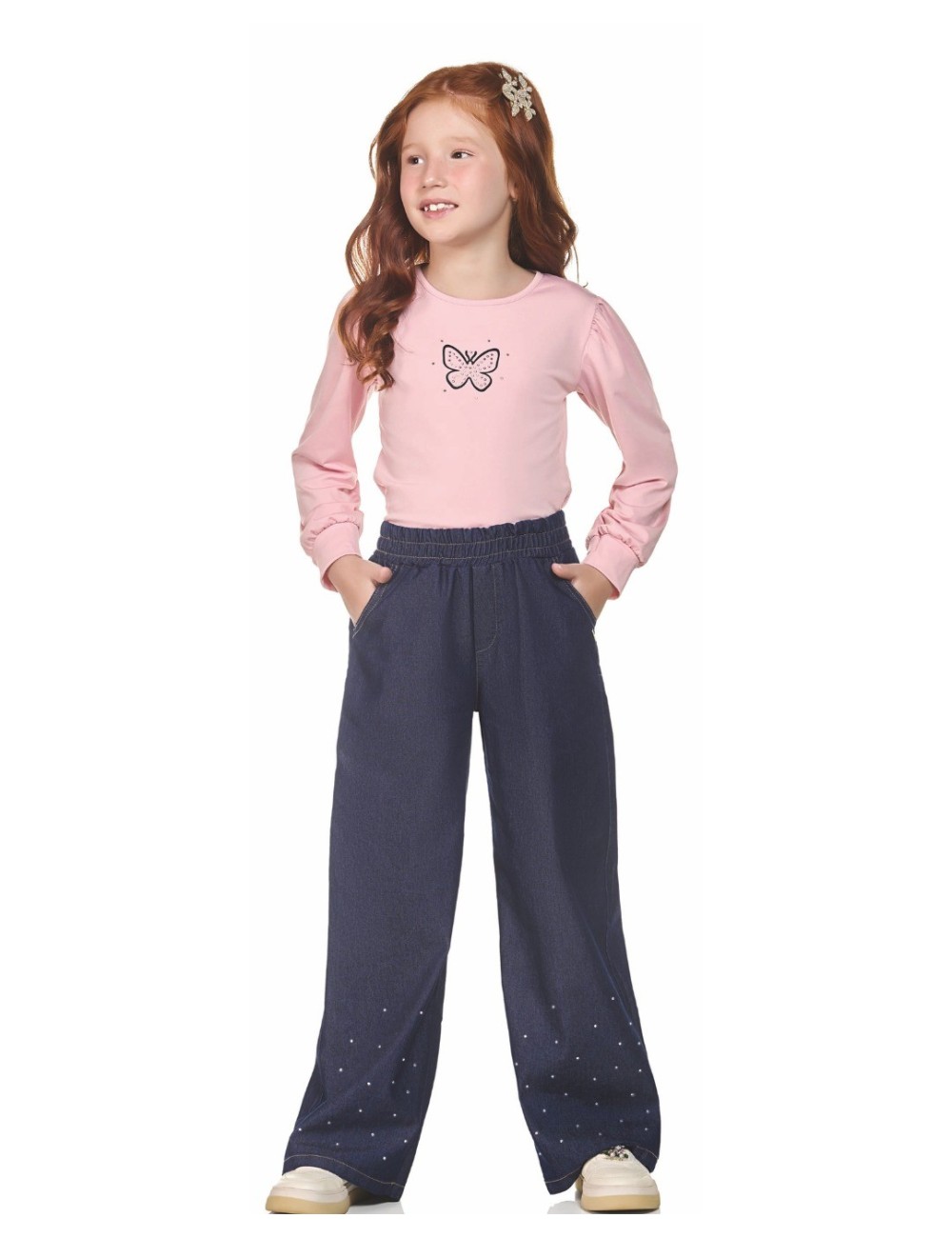 Calça Jeans Infantil Azul com Detalhes de Strass